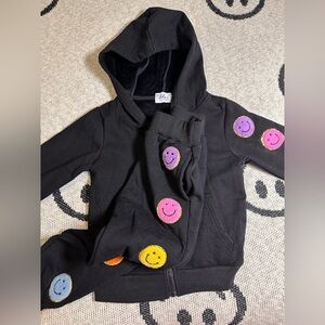 Lola + The Boys Black Hoodie and Pants Set with Colorful Smiley Faces